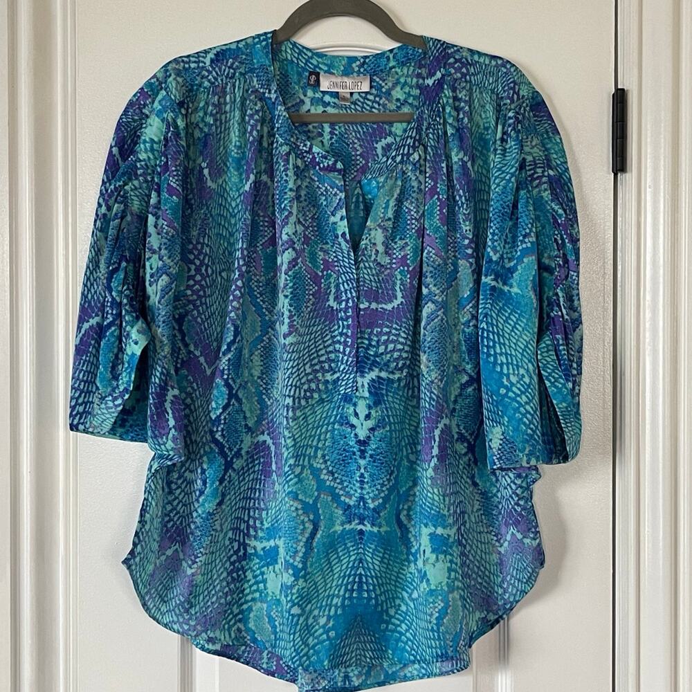 Jennifer Lopez Turquoise & Purple Snake Print Batwing Tunic Blouse Large